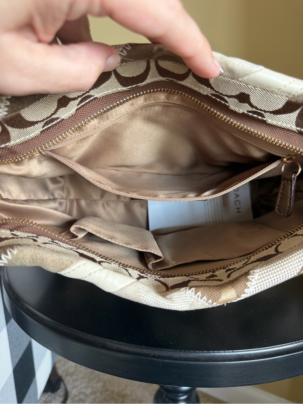 Coach Carly Patchwork Leather-Trim Shoulder Bag in Brown and Tan - Picture 4 of 12